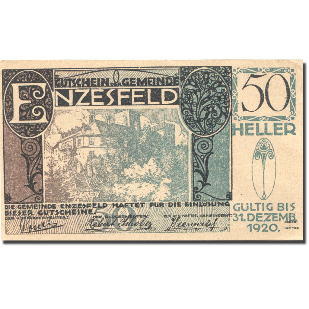 Banknote, Austria, Enzesfeld, 50 Heller, château, 1920 UNC(63) Mehl:FS 179a
