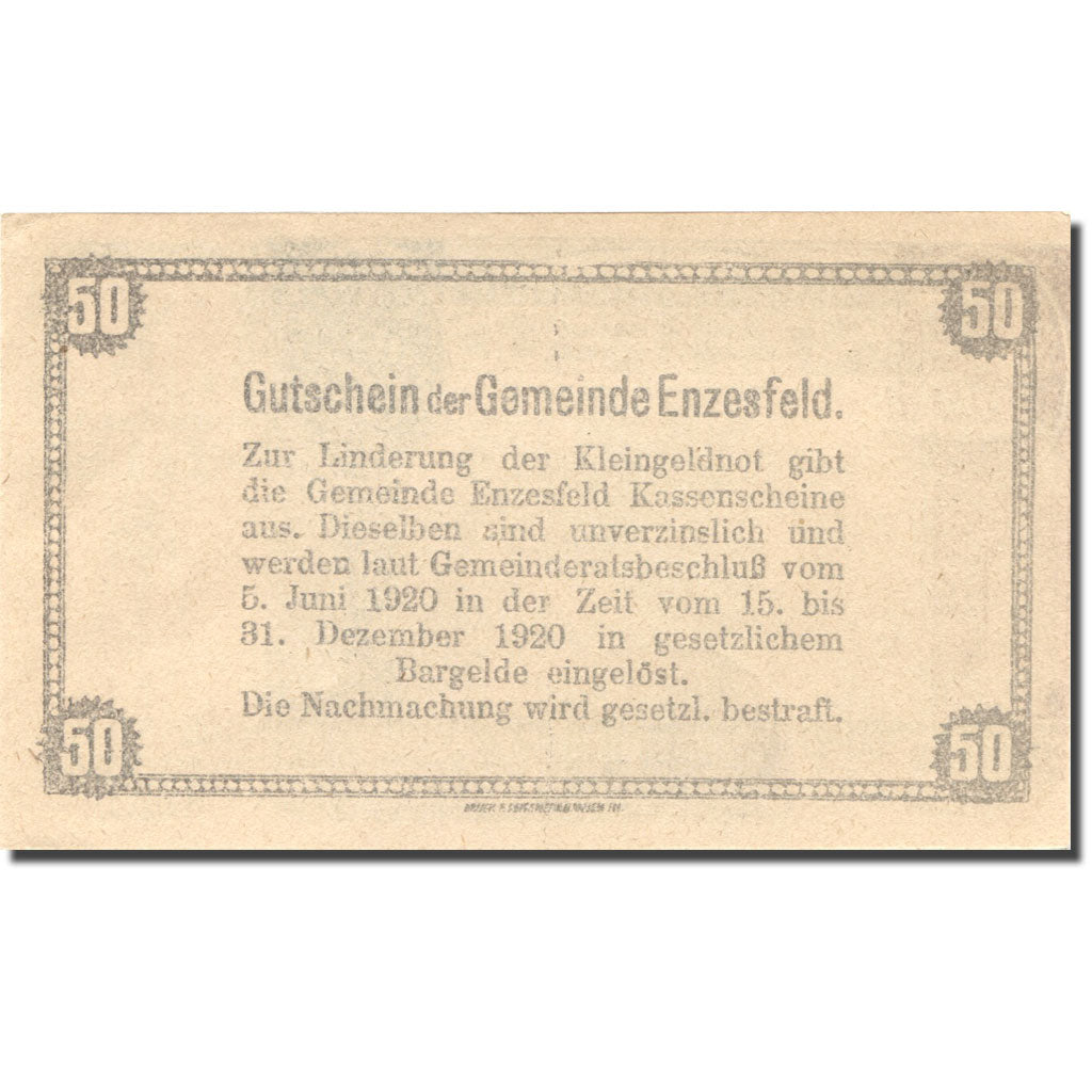 Banknote, Austria, Enzesfeld, 50 Heller, château, 1920 UNC(63) Mehl:FS 179a