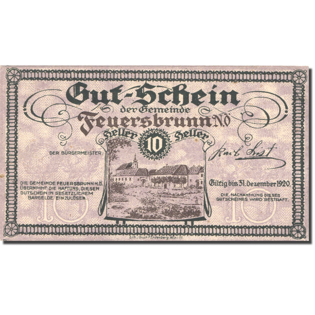 Banknote, Austria, Feuersbrunn, 10 Heller, village, 1920 UNC(63) Mehl:FS 199