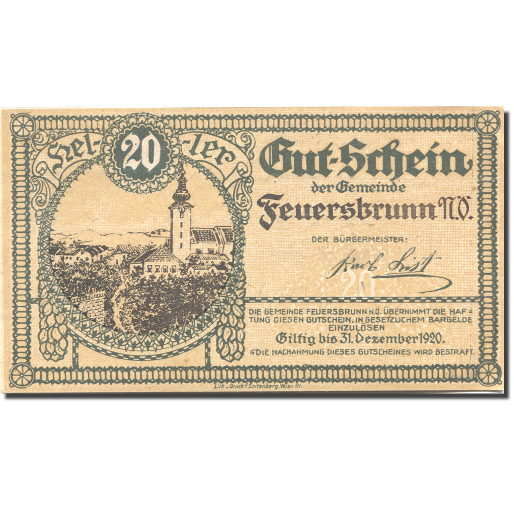 Banknote, Austria, Feuersbrunn, 20 Heller, paysage, 1920 UNC(63) Mehl:FS 199