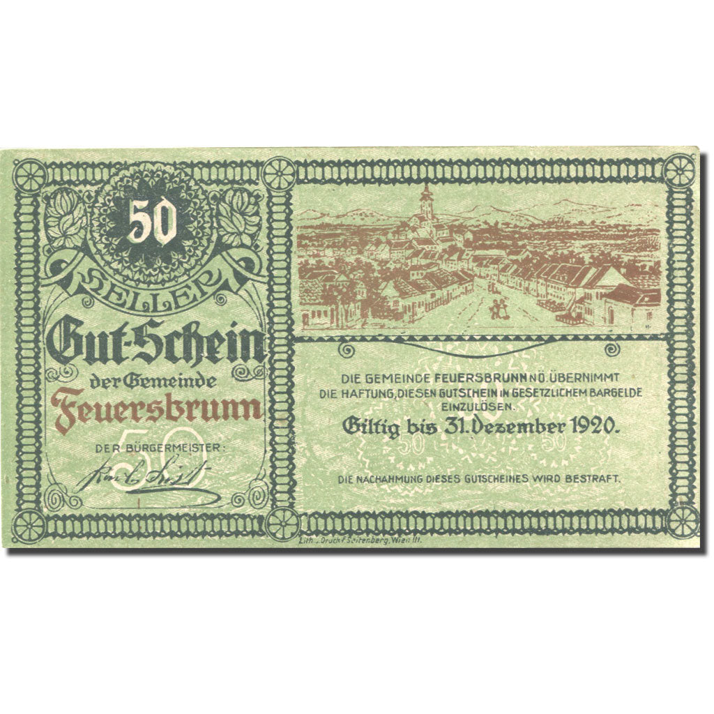 Banknote, Austria, Feuersbrunn, 50 Heller, village, 1920 UNC(63) Mehl:FS 199