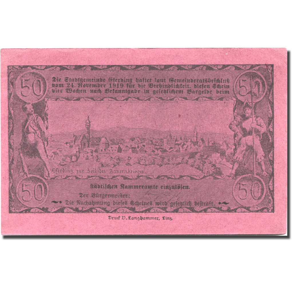 Banknote, Austria, Eferding, 50 Heller, paysage, 1919 UNC(60-62) Mehl:FS 152I.4i