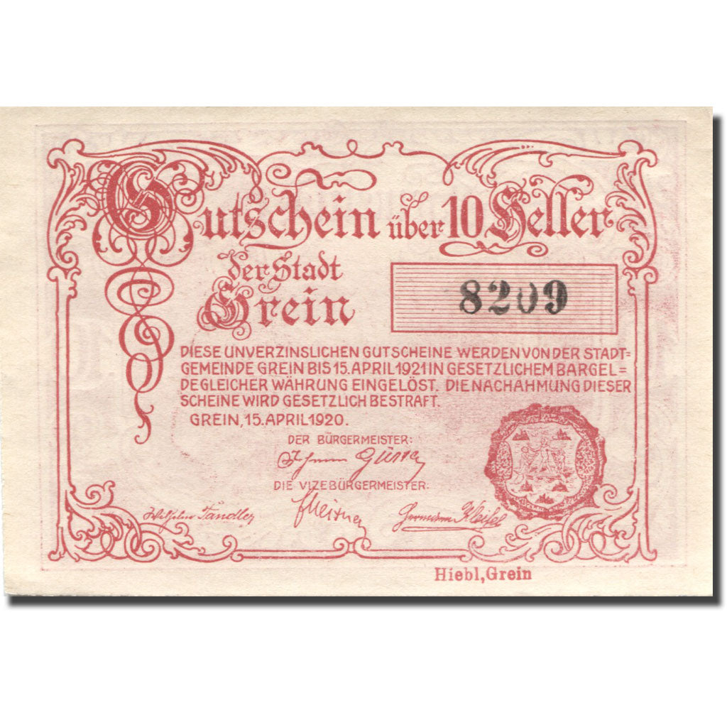 Billet, Autriche, Grein, 10 Heller, village 1920-04-15, SPL Mehl:FS 276IIa