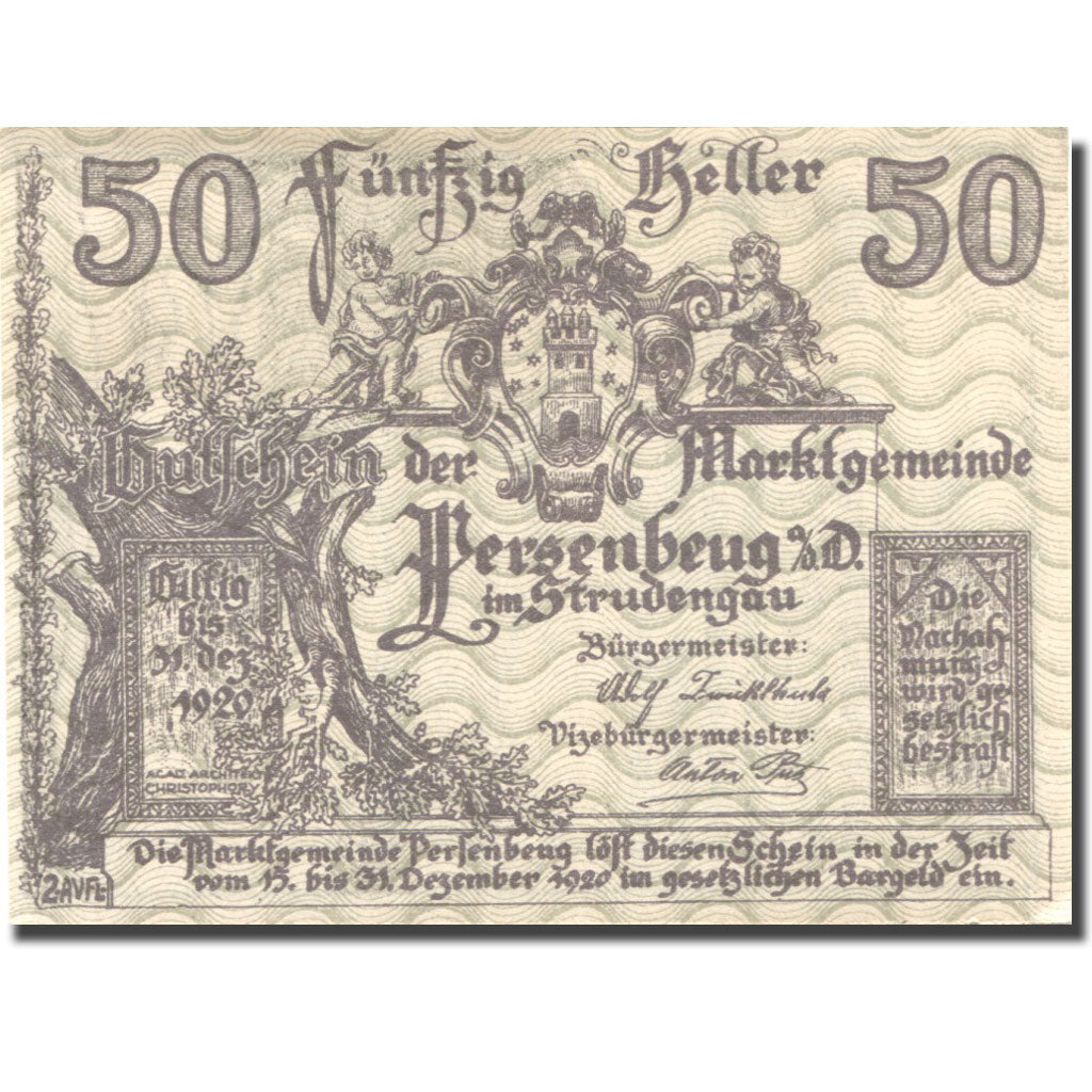 Banknote, Austria, Persenbeug, 50 Heller, château, 1920 UNC(63) Mehl:FS 735IIa