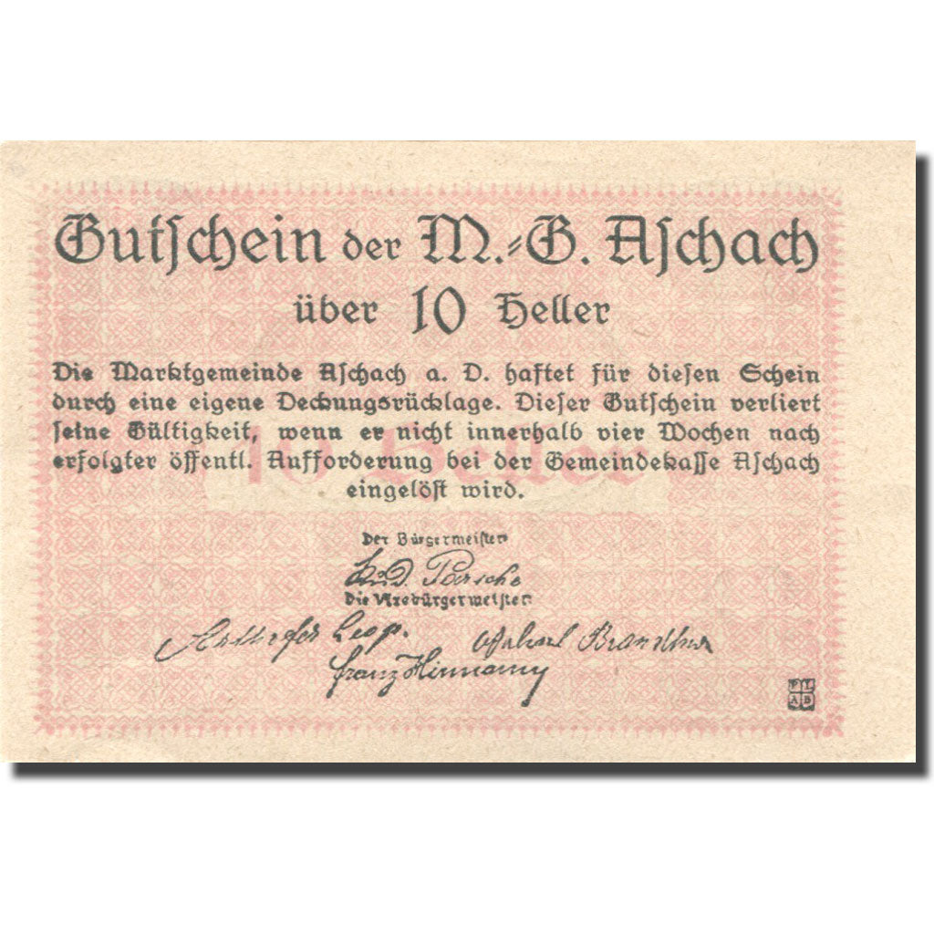 Banknote, Austria, Aschach, 10 Heller, Blason, UNC(63), Mehl:FS 53IIb01
