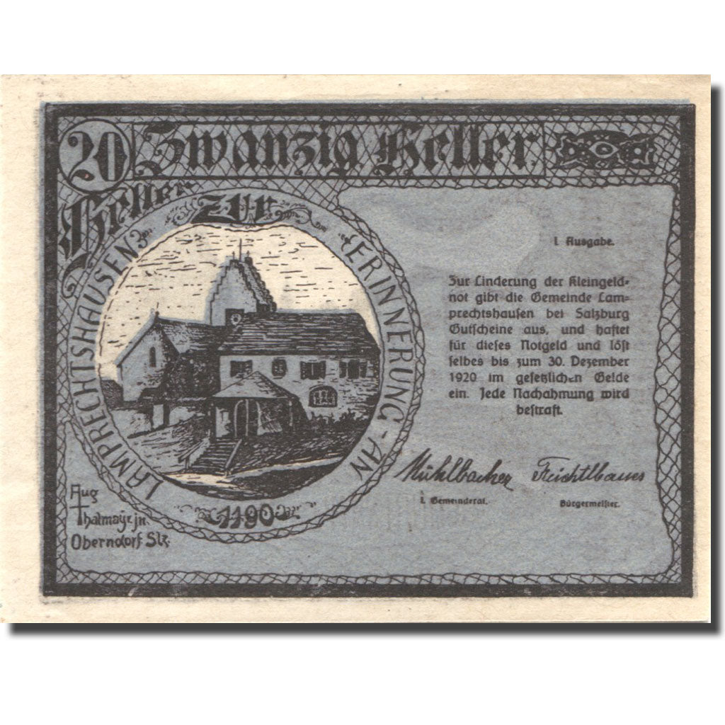 Banknote, Austria, Arnsdorf, 20 Heller, village, 1920 UNC(63) Mehl:FS 617a