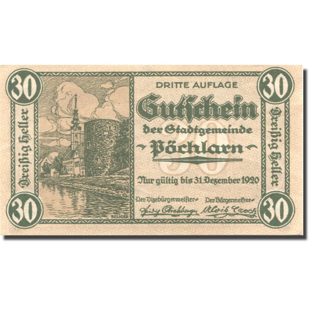 Banknote, Austria, Pöchlarn, 30 Heller, château, 1920 UNC(63) Mehl:FS 755III