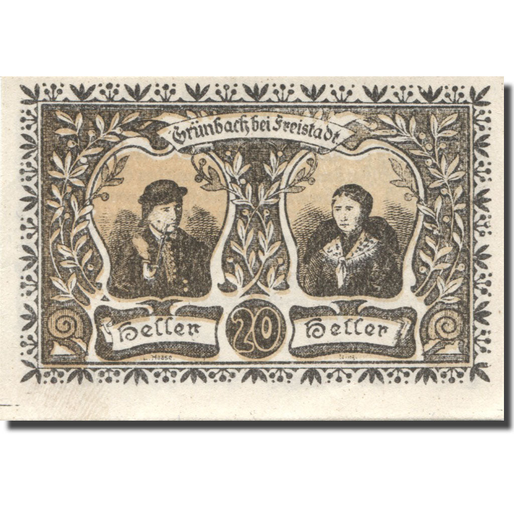 Banknote, Austria, Grünbach, 20 Heller, personnage, 1921 UNC(63) Mehl:FS 302