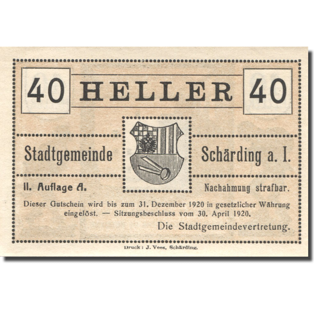 Banknote, Austria, Schärding, 40 Heller, Blason, 1920 UNC(63) Mehl:FS 951IIb