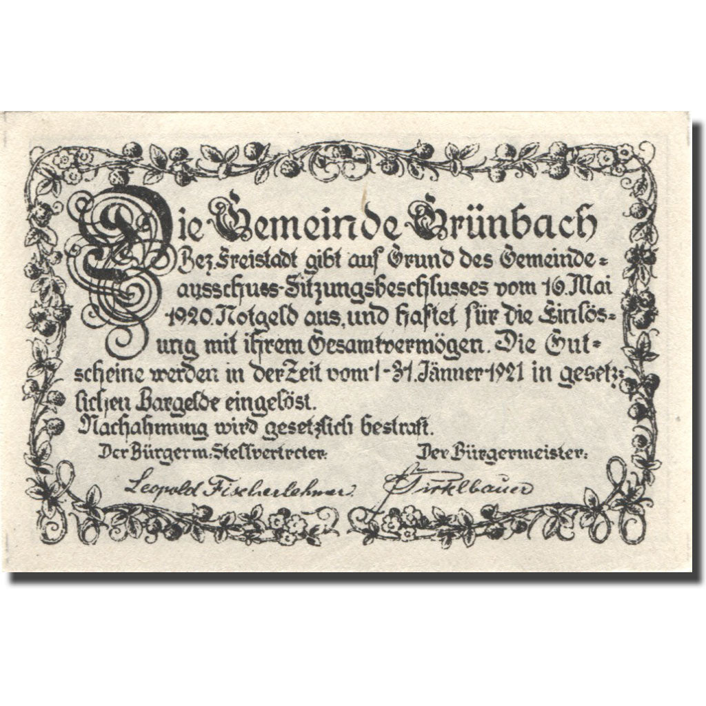 Banknote, Austria, Grünbach, 80 Heller, village, 1921 UNC(63) Mehl:FS 302