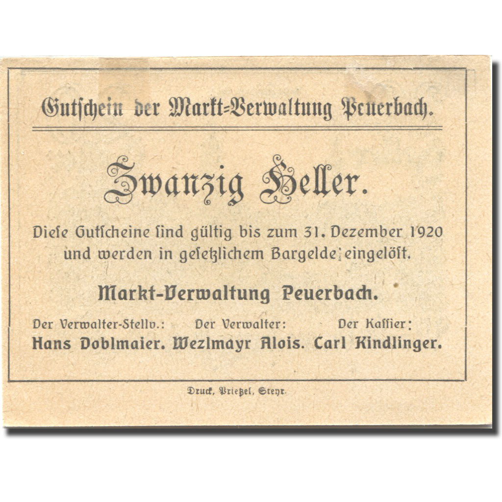 Billete, Austria, Peuerbach, 20 Heller, village 1920-12-31, EBC Mehl:FS 742Ia1
