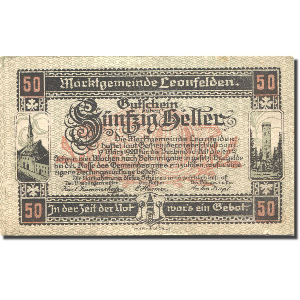 Banknote, Austria, Leonfelden, 50 Heller, château, 1920 EF(40-45) Mehl:FS 514
