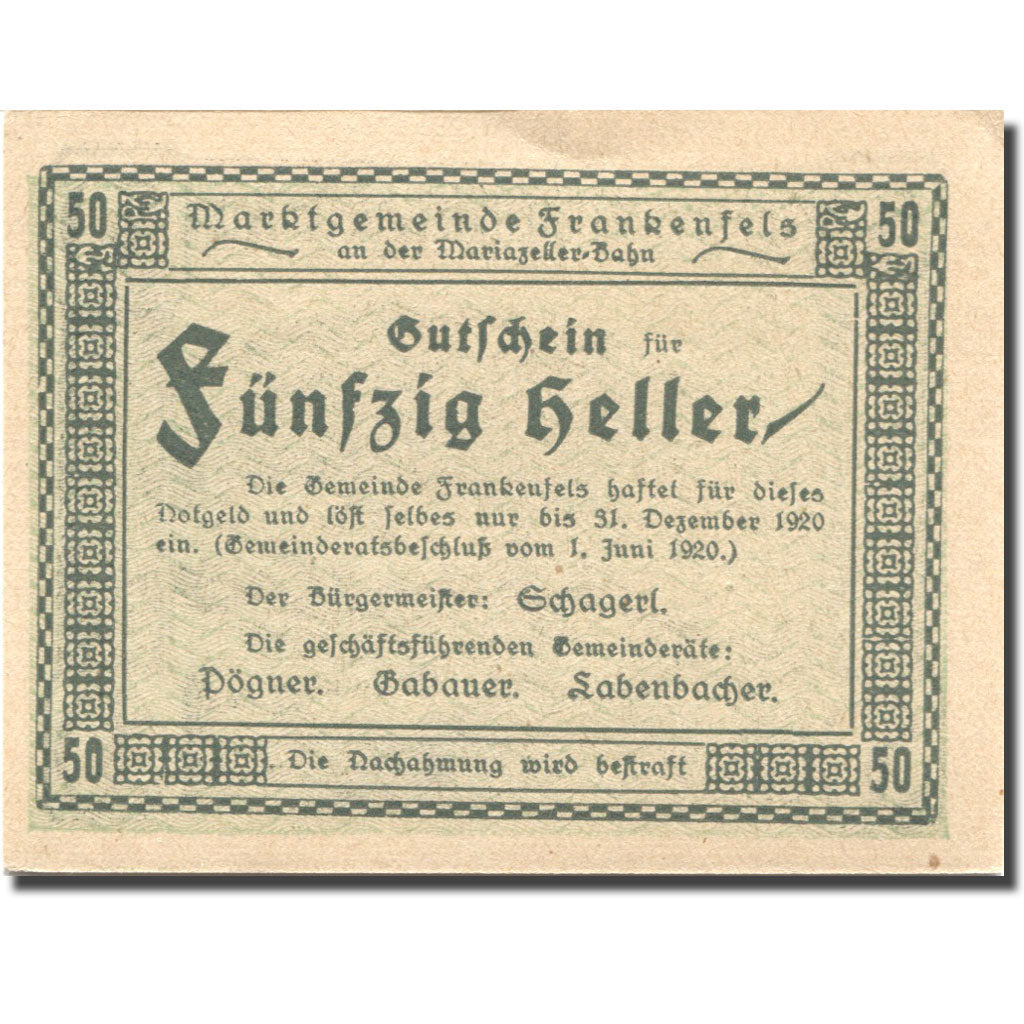 Banknote, Austria, Frankenfels, 50 Heller, paysage, 1920 UNC(63) Mehl:FS 208a