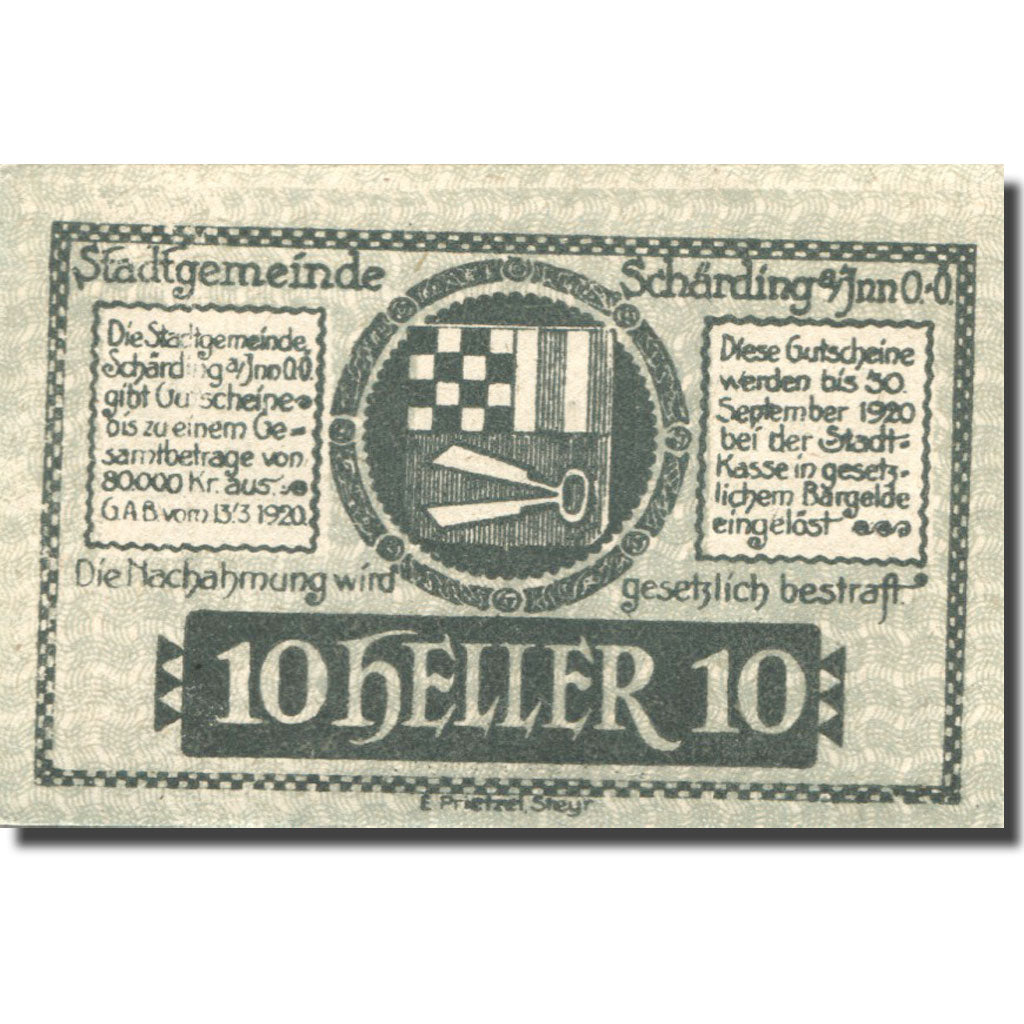 Banknote, Austria, Schärding, 10 Heller, Blason, 1920 UNC(63) Mehl:FS 951I