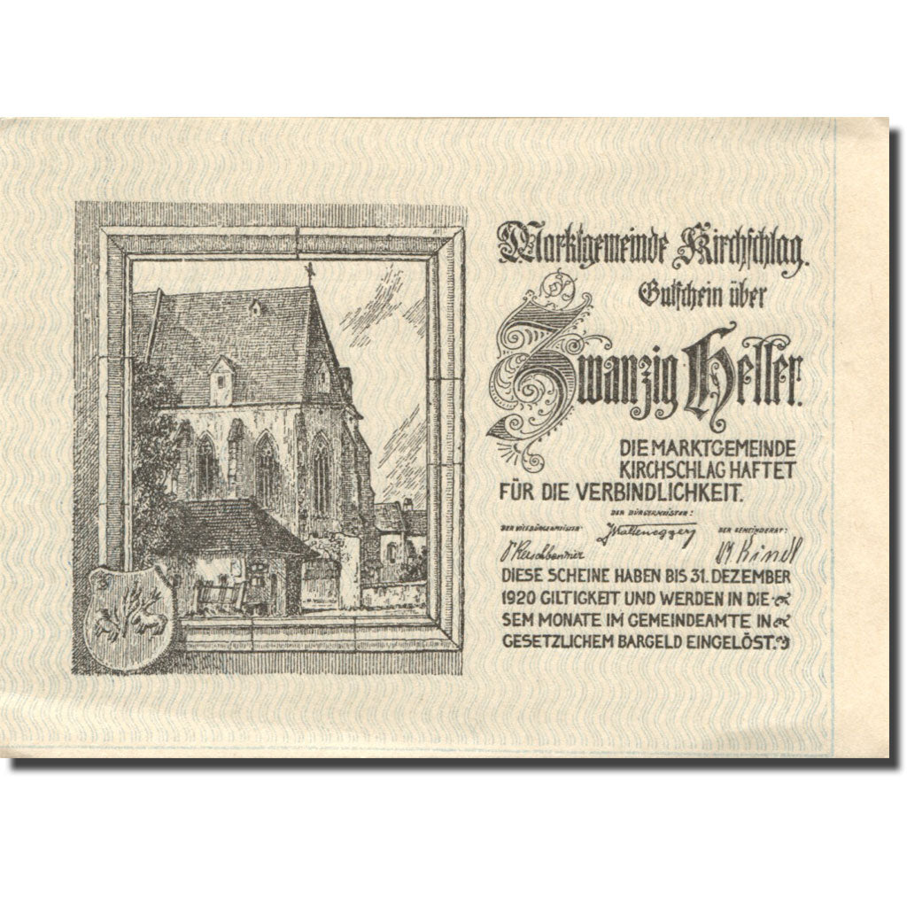 Banknote, Austria, Kirchschlag, 20 Heller, Eglise, 1920 UNC(63) Mehl:FS 448a