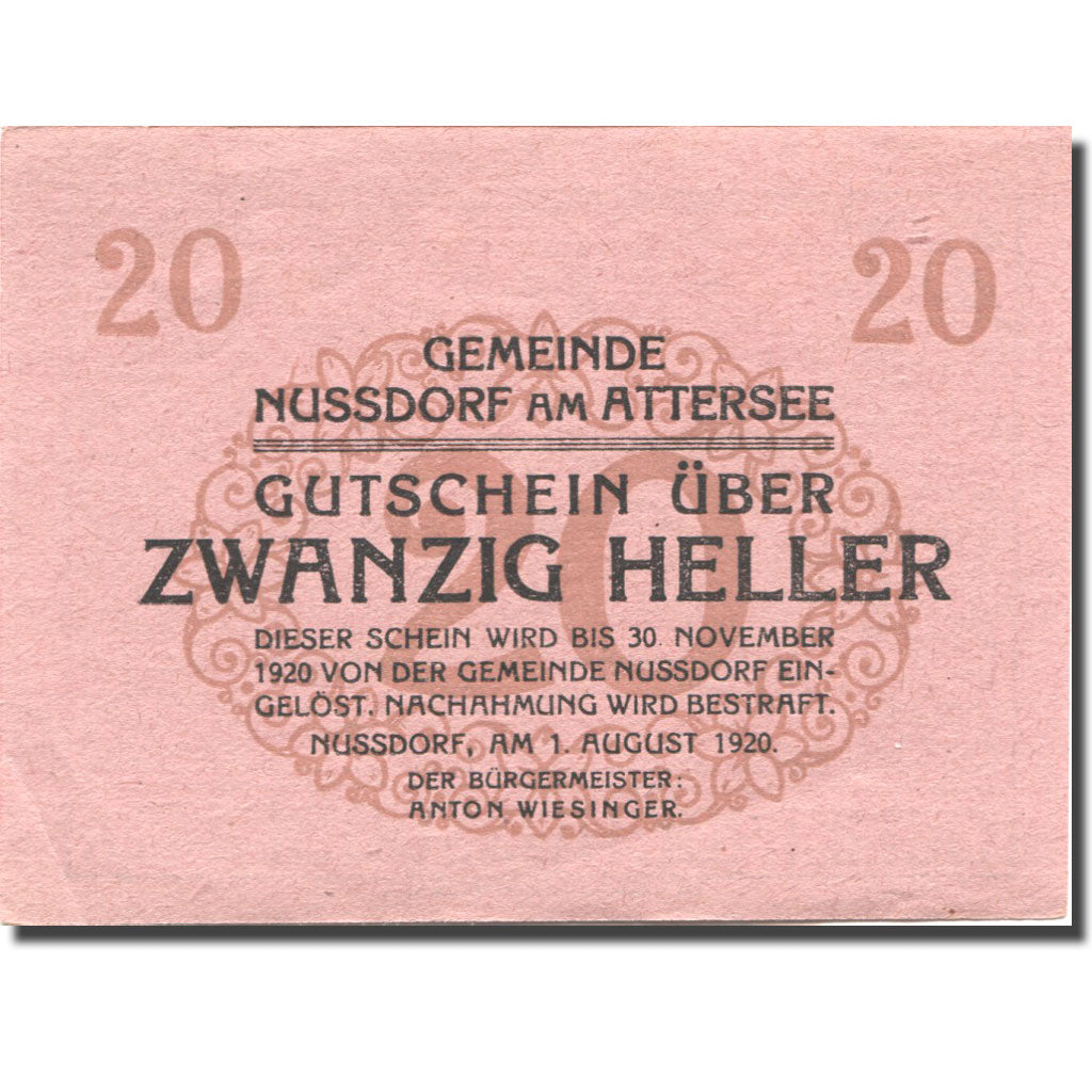 Banknote, Austria, Nussdorf am Attersee 20 Heller Eglise 1920 UNC(60-62) FS 677a