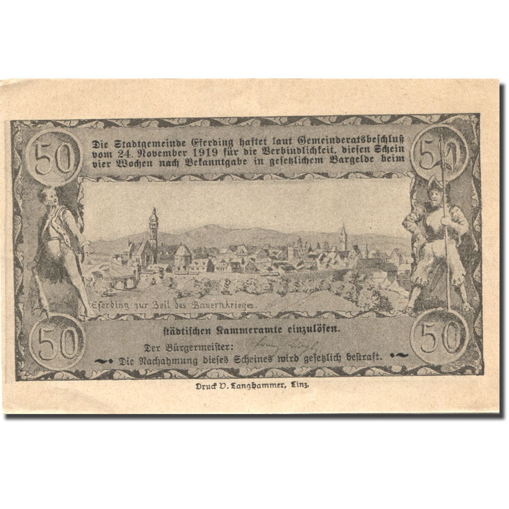 Banknote, Austria, Eferding, 50 Heller, paysage 1919 UNC(60-62) Mehl:FS 152I