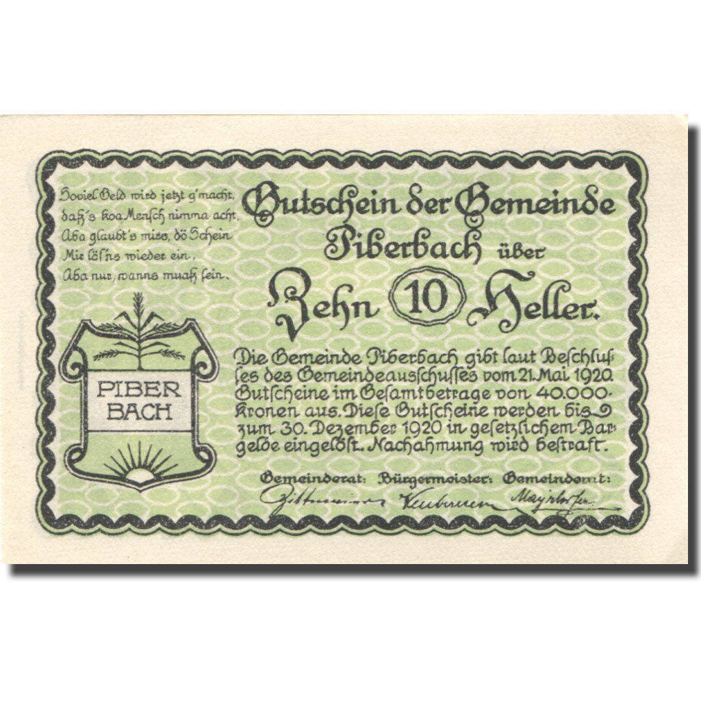 Banconote, Austria, Piberbach, 10 Heller, Monument, 1920 SPL Mehl:FS 746a