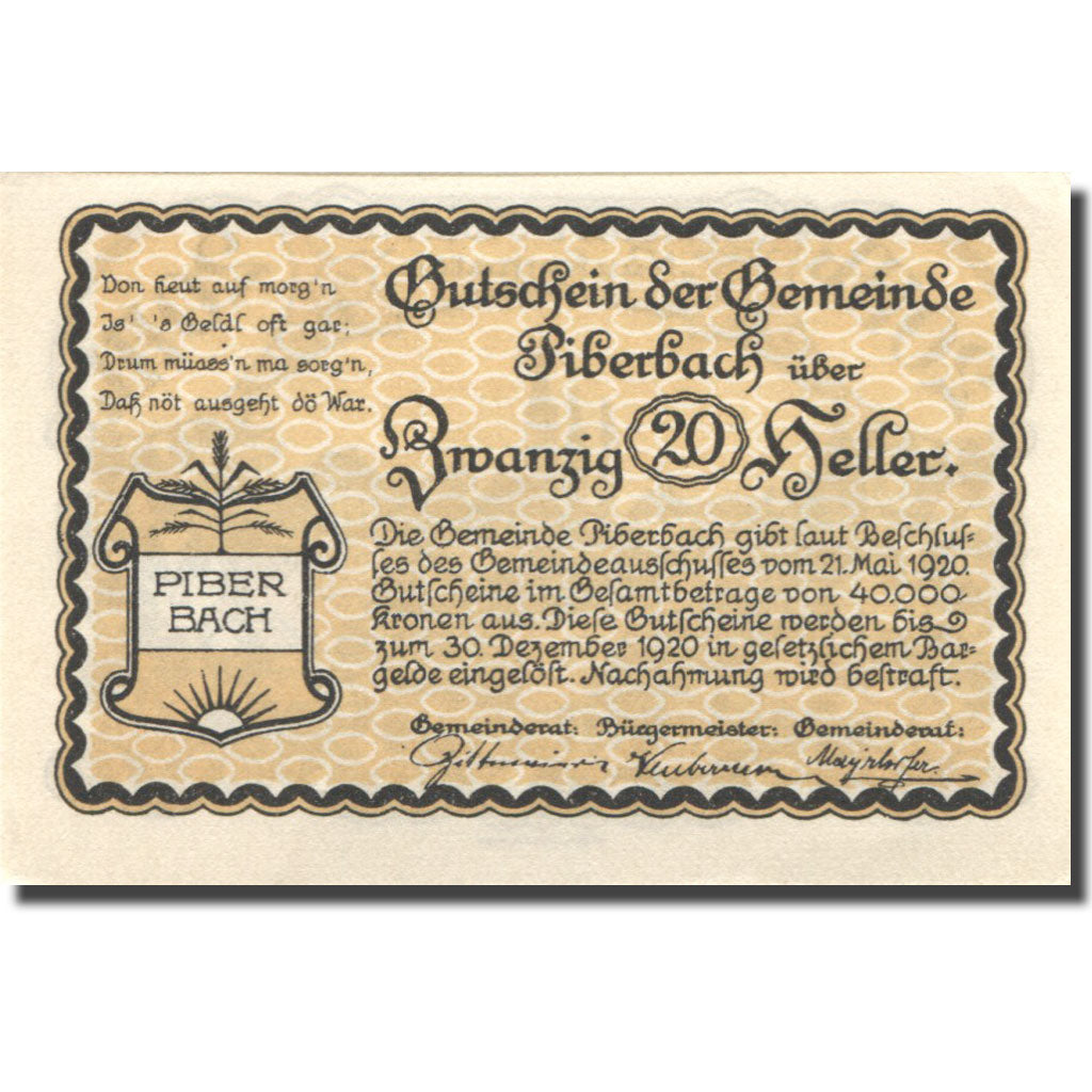 Banknote, Austria, Piberbach, 20 Heller, Eglise, 1920 UNC(63) Mehl:FS 746a