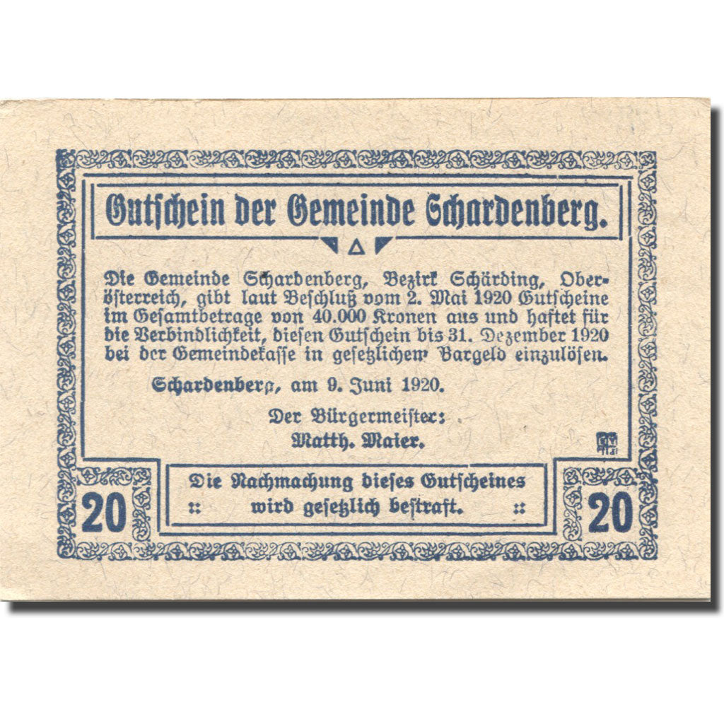 Banknote, Austria, Schardenberg, 20 Heller, Maison, 1920 UNC(63) Mehl:FS 954c1