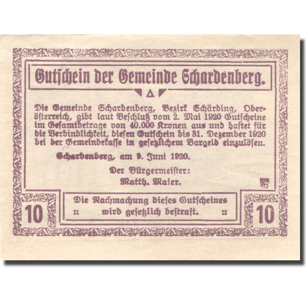 Banknote, Austria, Schardenberg, 10 Heller, village, 1920 UNC(63) Mehl:FS 954b