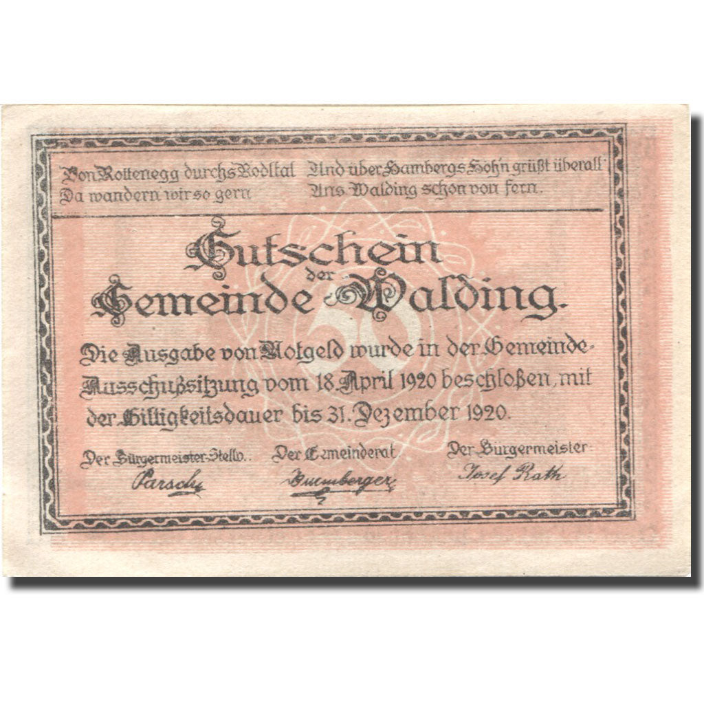 Banknote, Austria, Walding, 50 Heller, village, 1920 UNC(63) Mehl:FS 1132a