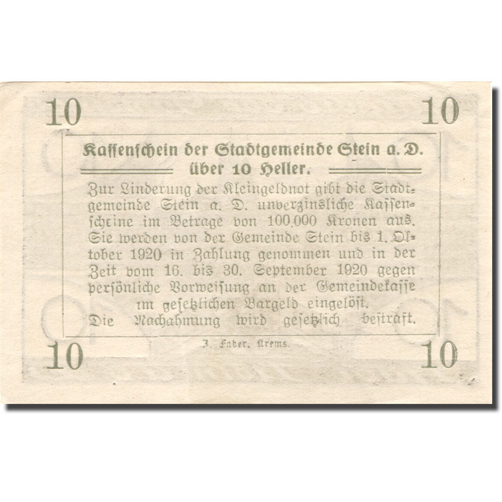Banknote, Austria, Stein a/d D., 10 Heller, Eglise 1920 UNC(60-62) Mehl:FS 1015I