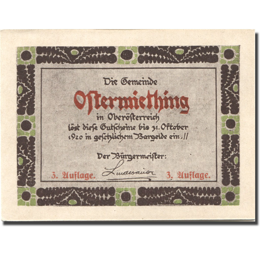 Biljet, Oostenrijk, Ostermiething, 50 Heller, village, 1920 SPL Mehl:FS 713Ij