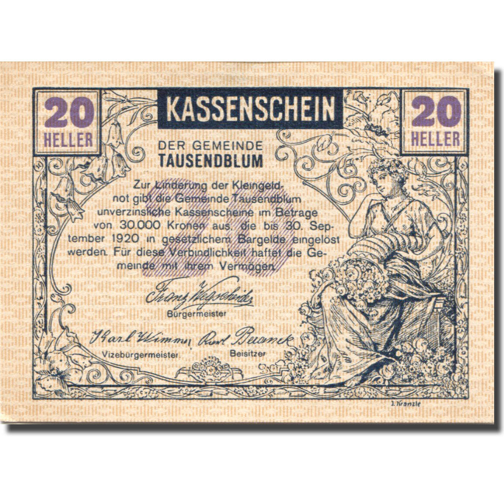 Banconote, Austria, Tausendblum, 20 Heller, agriculteur, 1920 SPL Mehl:FS 1060