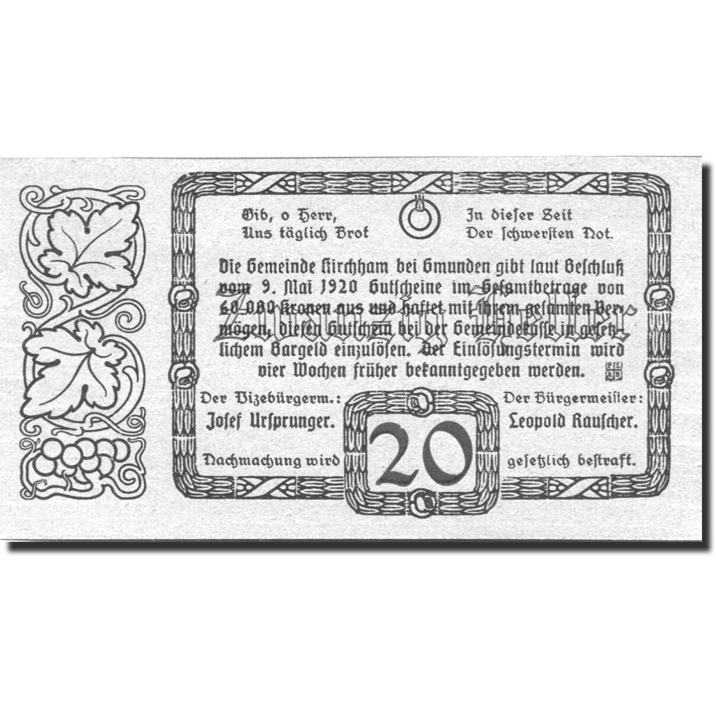 Banknote, Austria, Kirchham, 20 Heller, paysage, 1920 UNC(63) Mehl:FS 446Ia