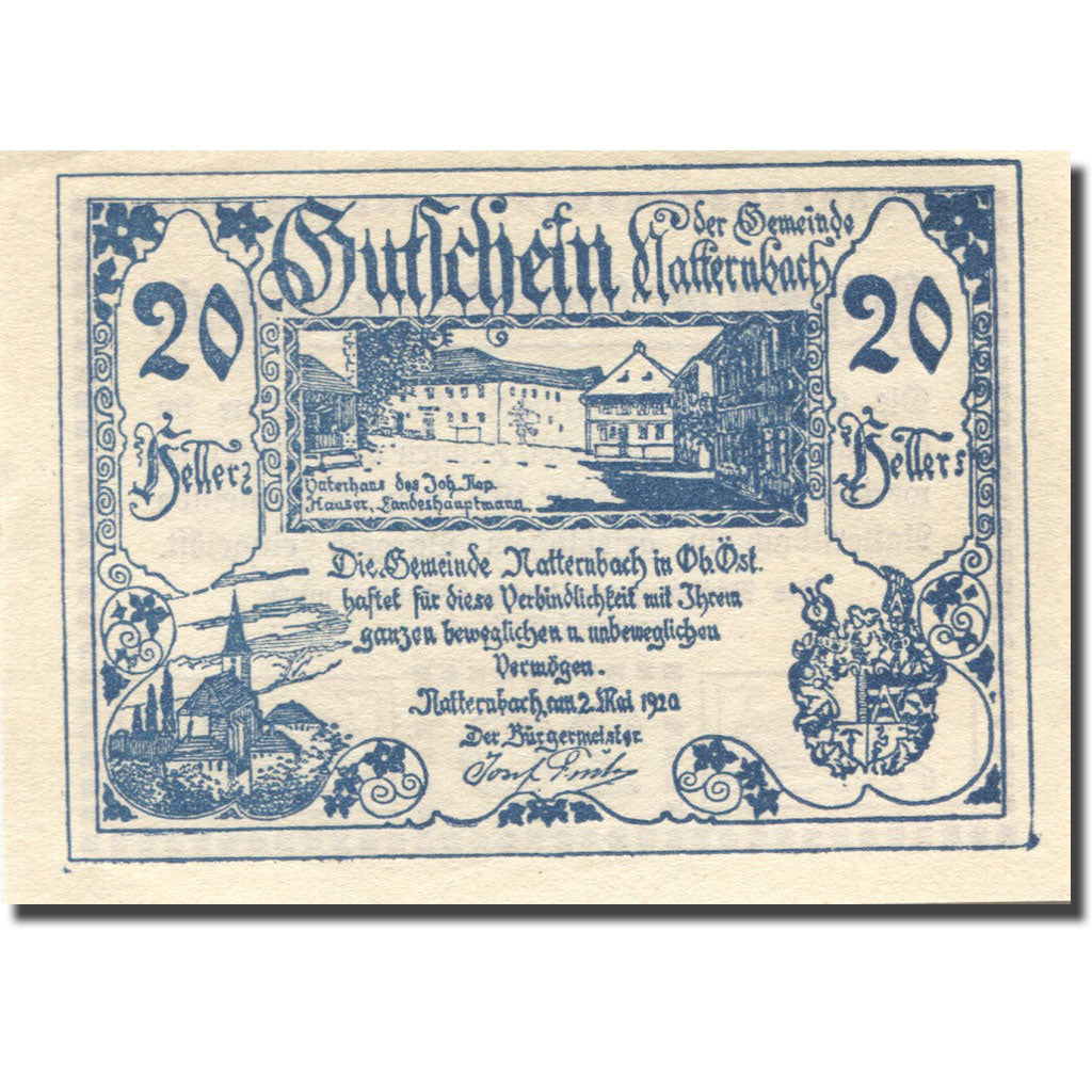 Banknote, Austria, Natternbach, 20 Heller, village, 1920 UNC(63) Mehl:FS 643Ia