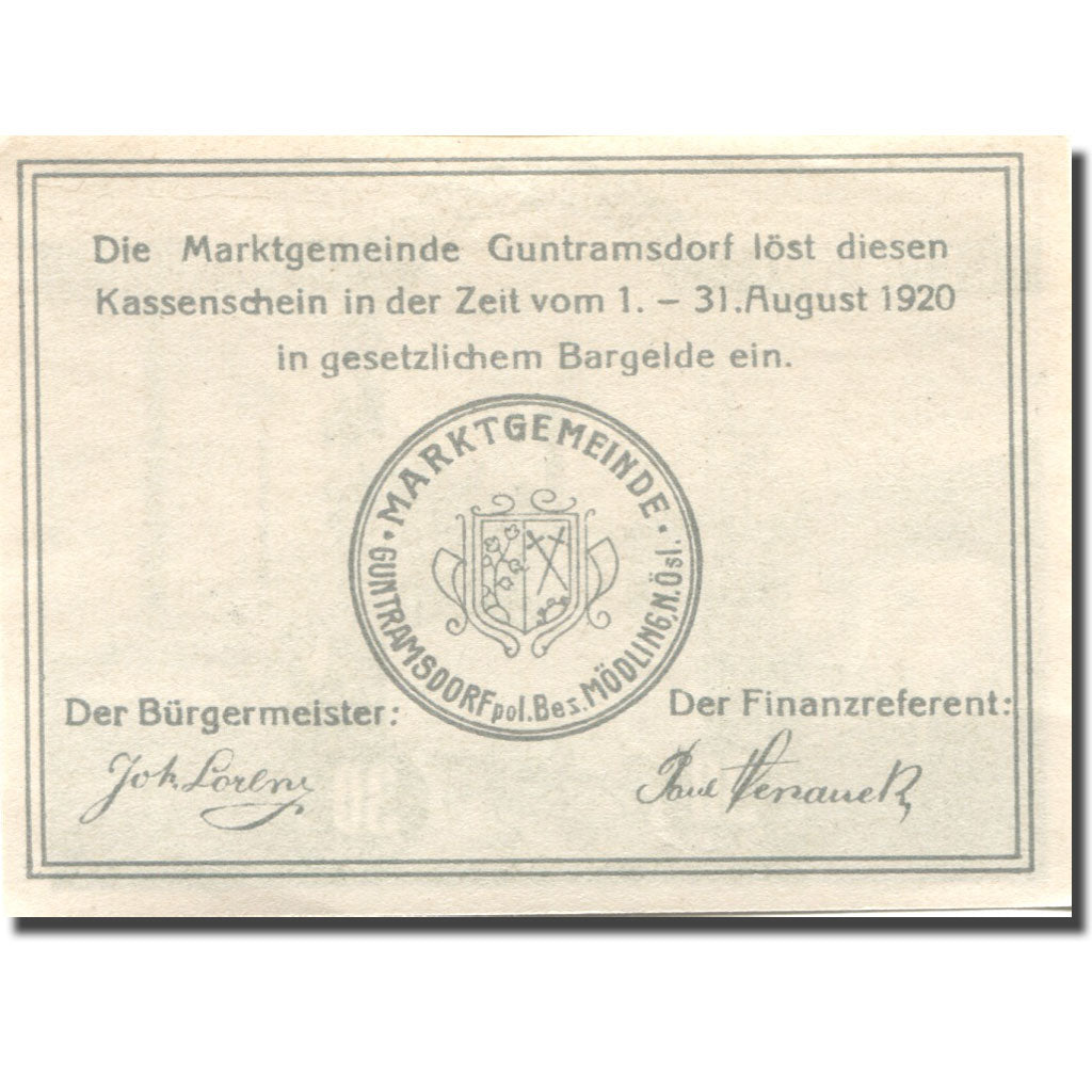 Banknote, Austria, Guntramsdorf, 30 Heller, Usine, 1920 UNC(63) Mehl:FS 310e