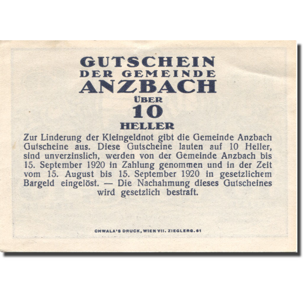 Banknote, Austria, Anzbach, 10 Heller, Eglise, 1920 UNC(60-62) Mehl:FS 48Iad