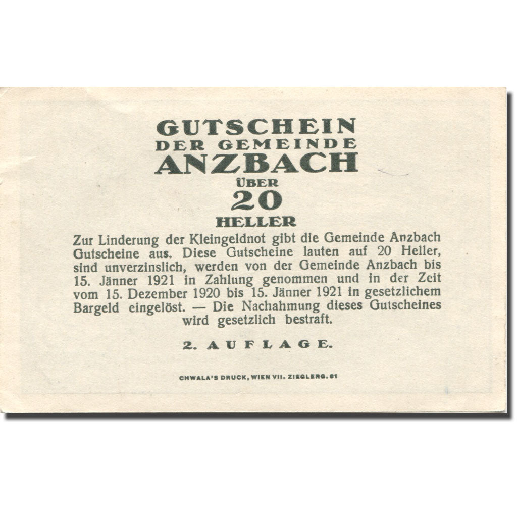 Billet, Autriche, Anzbach, 20 Heller, pont, 1920, 1920-12-15, SUP, Mehl:FS 48Iad