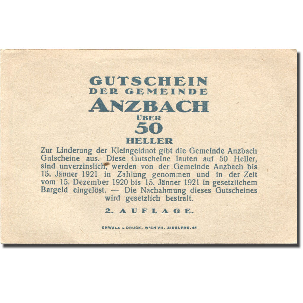 Geldschein, Österreich, Anzbach, 50 Heller, paysage, 1920 VZ+ Mehl:FS 48Iaf