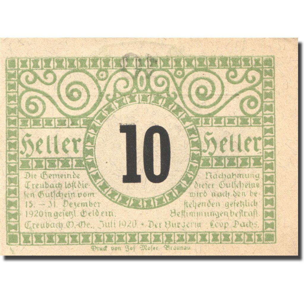 Banknote, Austria, Treubach, 10 Heller, personnage, 1920, UNC(63), Mehl:FS 1082