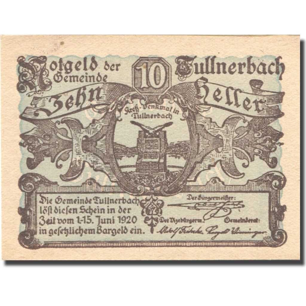 Banknote, Austria, Tullnerbach, 10 Heller, Monument, 1920 UNC(63) Mehl:FS 1084