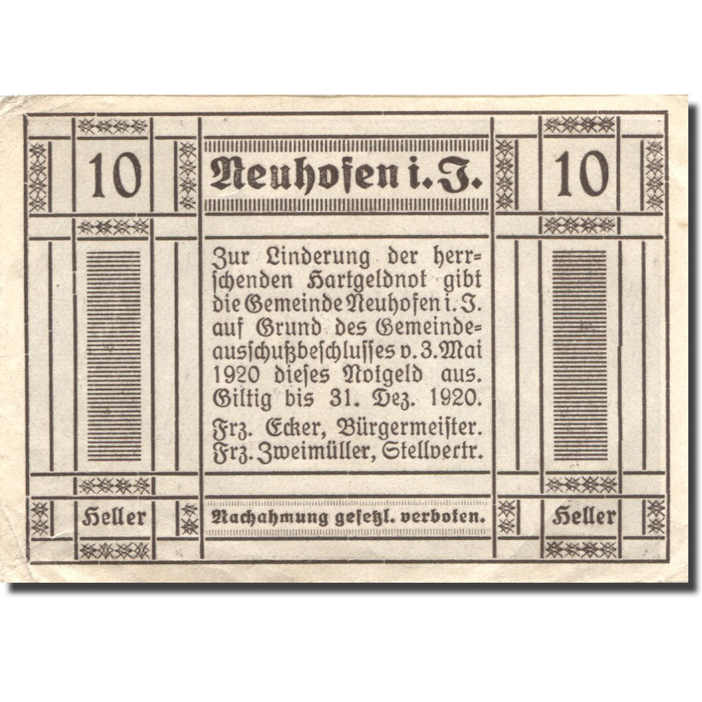 Banknote, Austria, Neuhofen, 10 Heller, Eglise, 1920 AU(55-58) Mehl:FS 652IIa