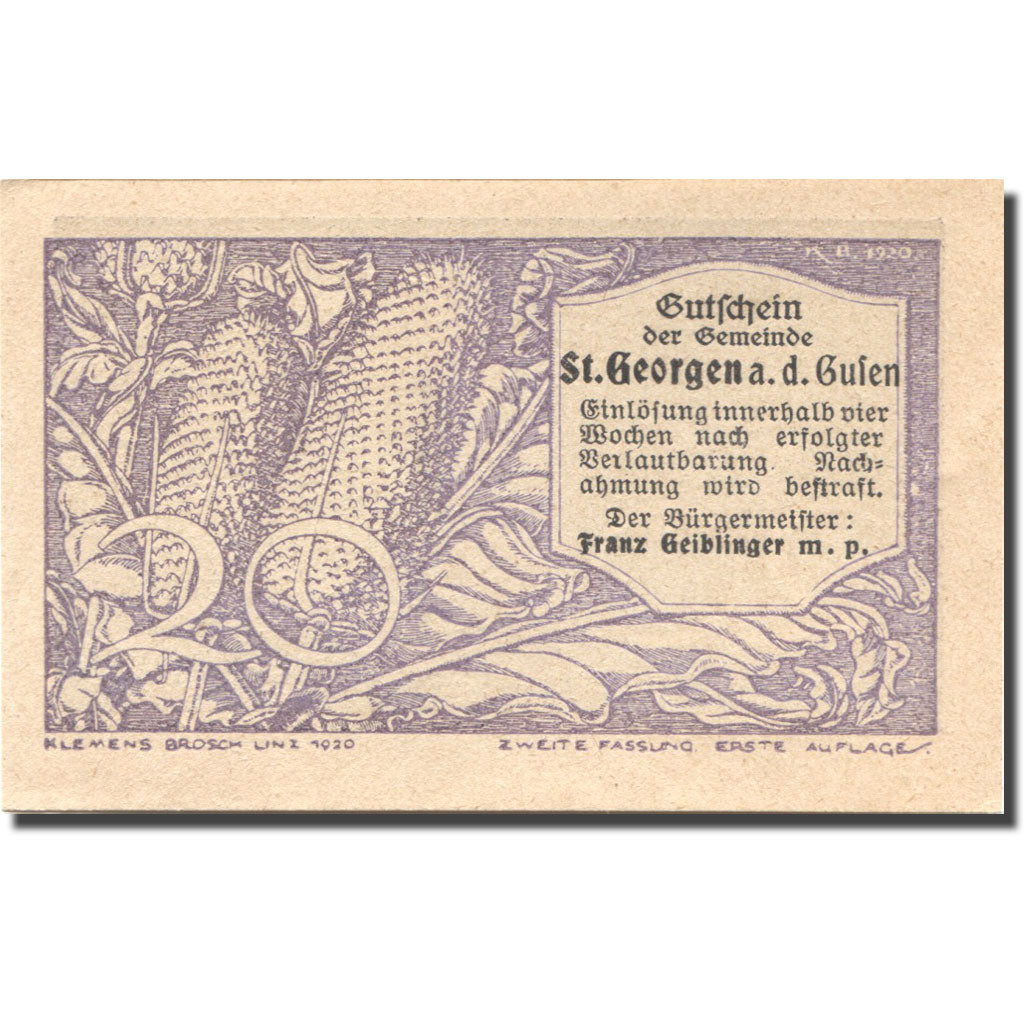 Banknote, Austria, St Georgen, 20 Heller, blé, 1920, UNC(63), Mehl:FS 886IIb