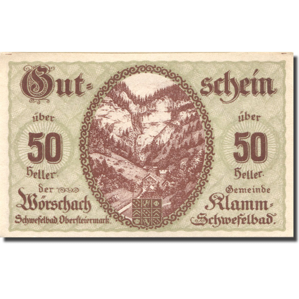 Banknote, Austria, Worschach, 50 Heller, montagne, 1920 UNC(63) Mehl:FS 1254