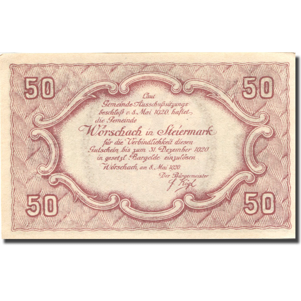 Banknote, Austria, Worschach, 50 Heller, montagne, 1920 UNC(63) Mehl:FS 1254