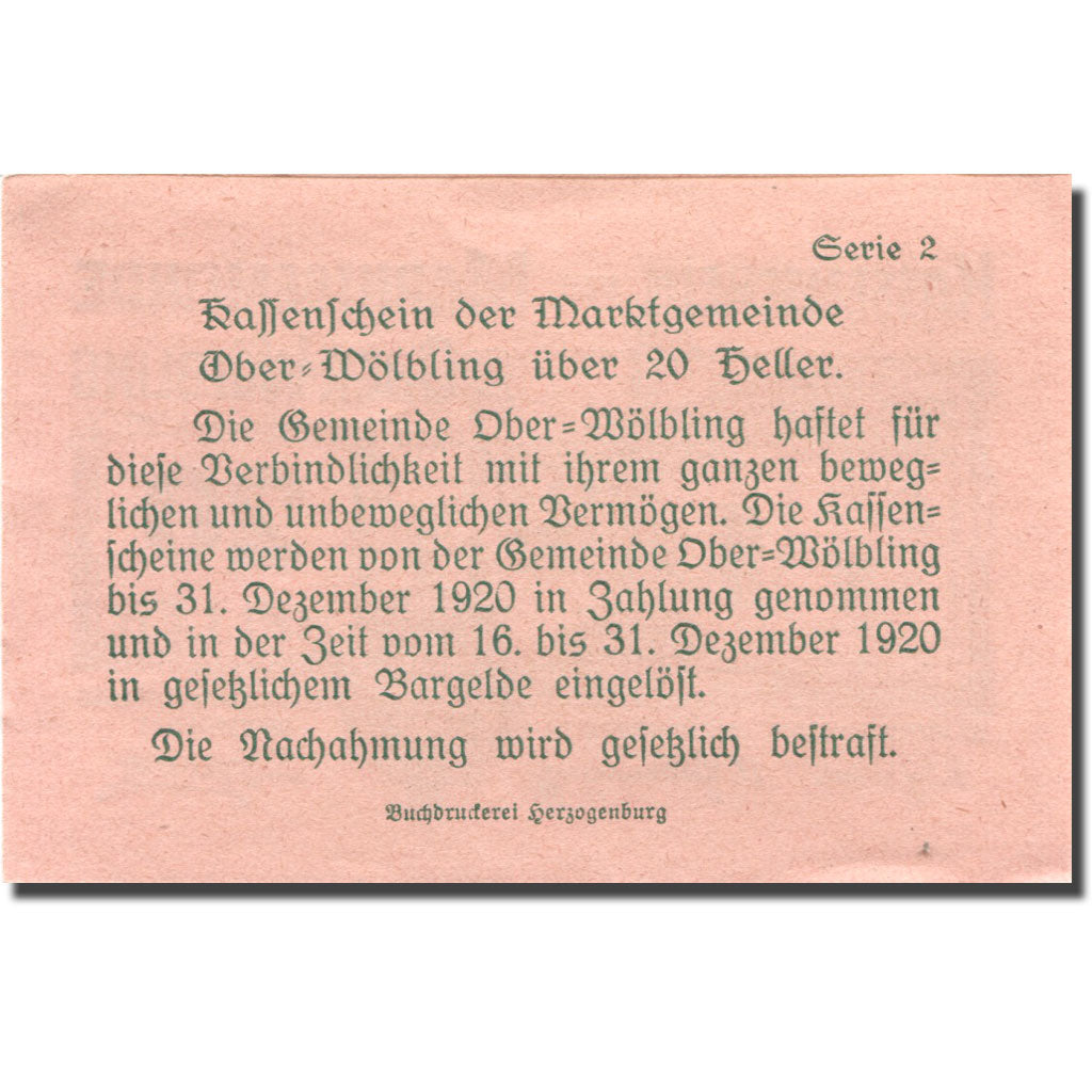 Banknote, Austria, Wölbling, 20 Heller, Monument, 1920 UNC(63) Mehl:FS 698