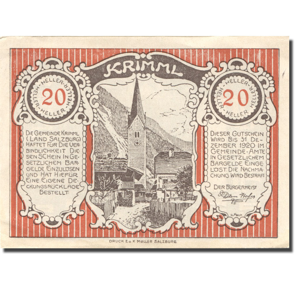 Banknote, Austria, Krimml, 20 Heller, Eglise 1920-12-31, UNC(63), Mehl:FS 483a