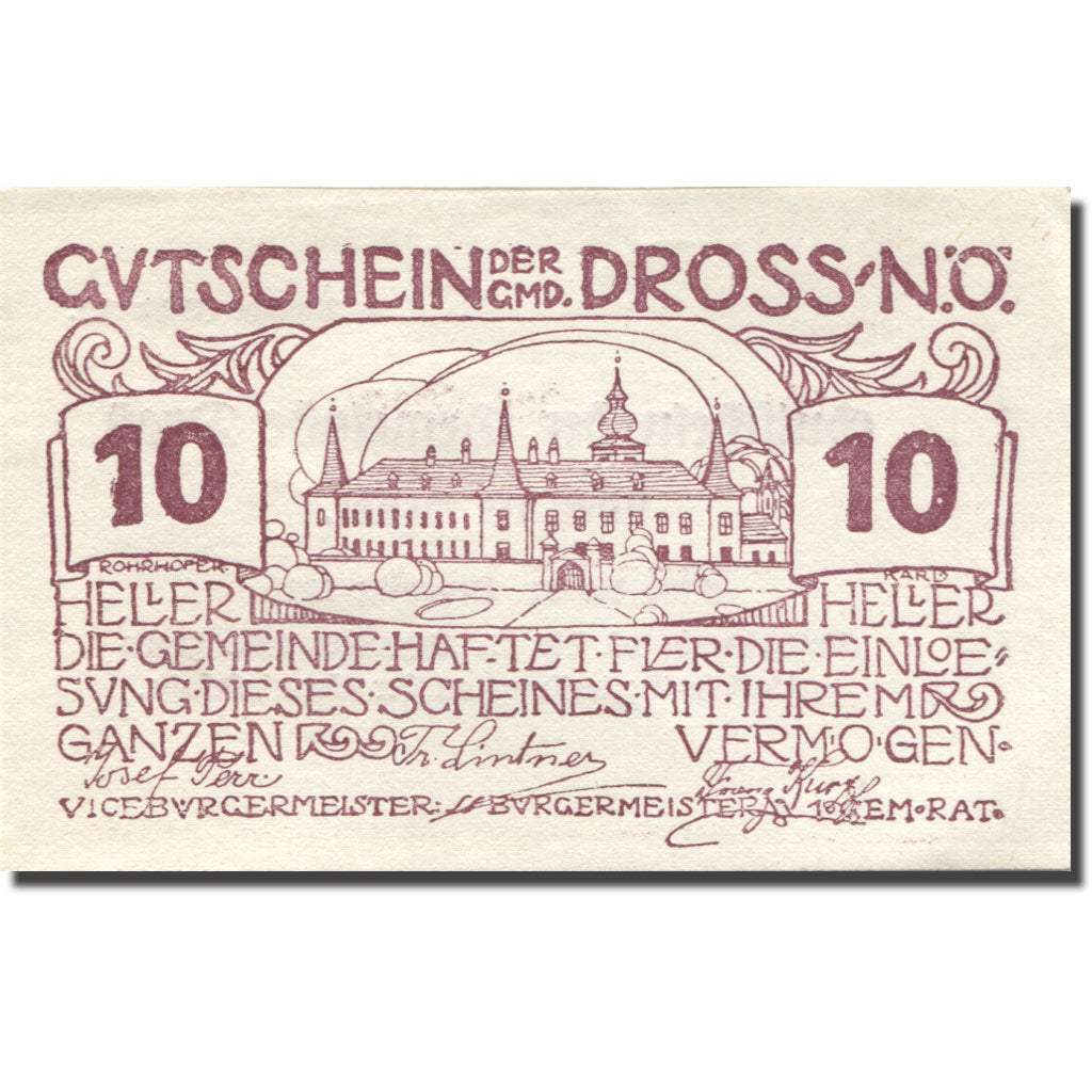 Banknote, Austria, Dross, 10 Heller, château, 1920 UNC(63) Mehl:FS 135.2