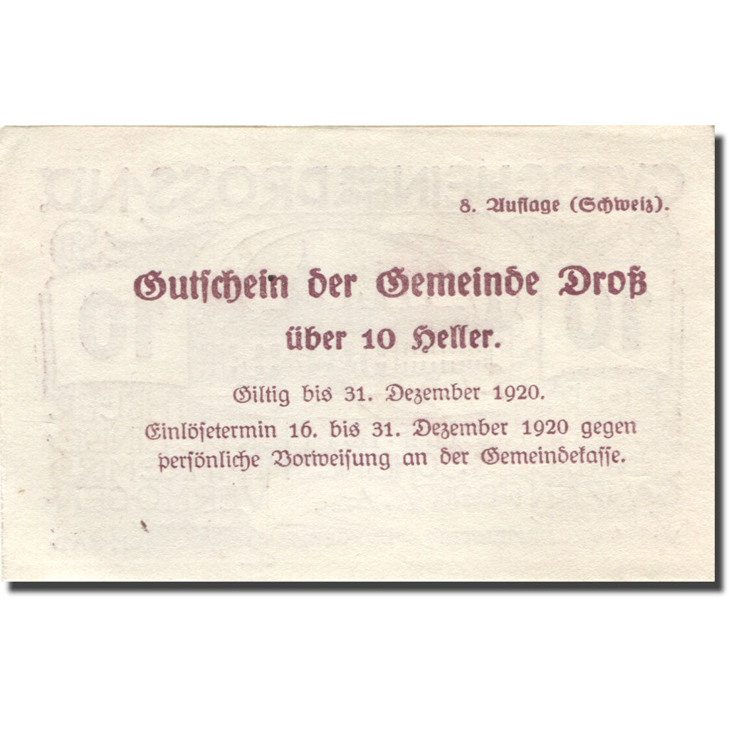 Banknote, Austria, Dross, 10 Heller, château, 1920 UNC(63) Mehl:FS 135.2