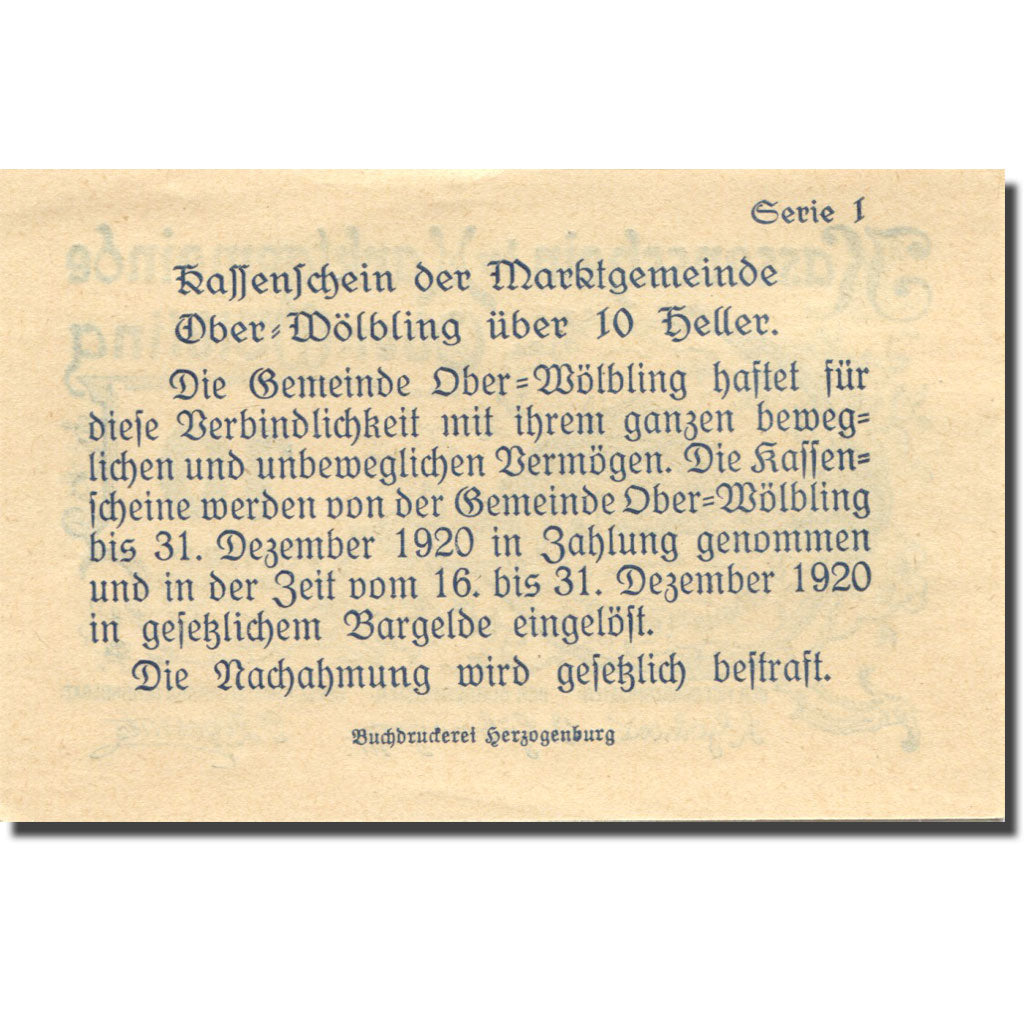 Banknote, Austria, Ober-Wölbling, 10 Heller, château, 1920 UNC(63) Mehl:FS 698