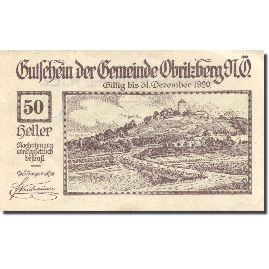 Banknote, Austria, Obnitzberg, 50 Heller, village, 1920 UNC(63) Mehl:FS 701a