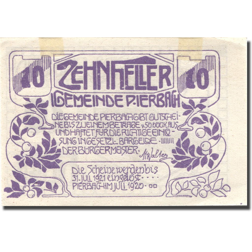 Banknote, Austria, Pierbach, 10 Heller, ruine, 1921, AU(55-58), Mehl:FS 749