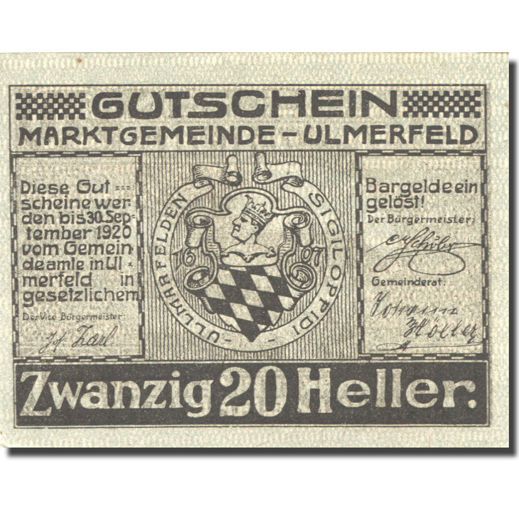 Banknote, Austria, Ulmerfeld, 20 Heller, Blason 1, 1920 UNC(63) Mehl:FS 1089Ia