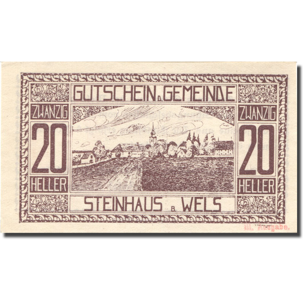 Banknote, Austria, Steinhaus, 20 Heller, village, 1920 UNC(63) Mehl:FS 1030Ia